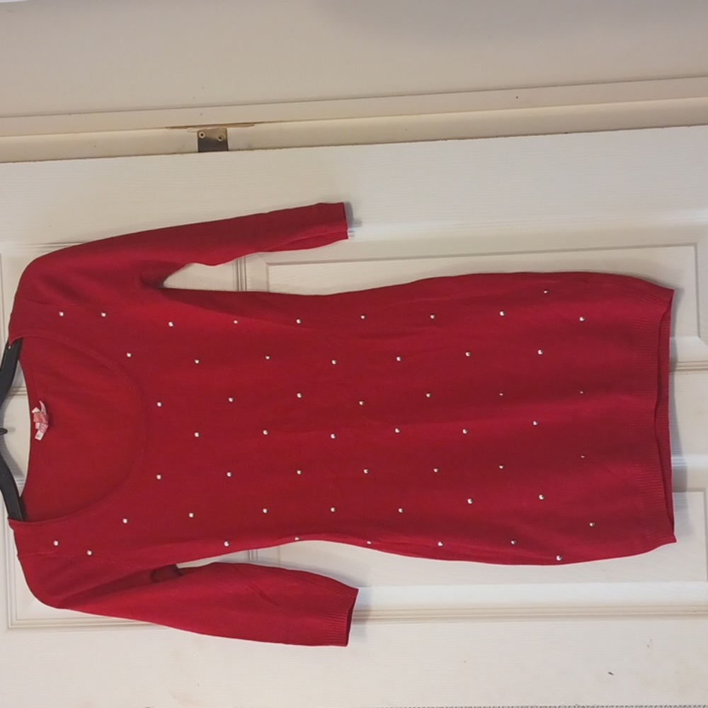Women's medium, Derek Hart red sweater, mid-sleeve dress with silver sequences